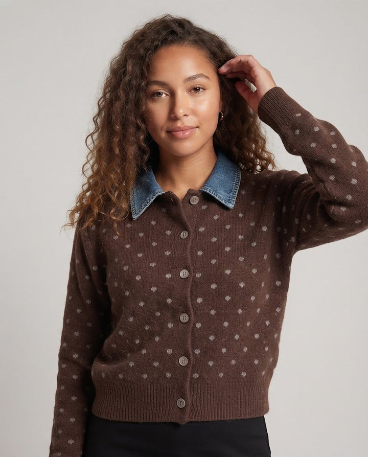 Women's Polka Dot Cardigan with Denim Collar and Button Placket Amarae