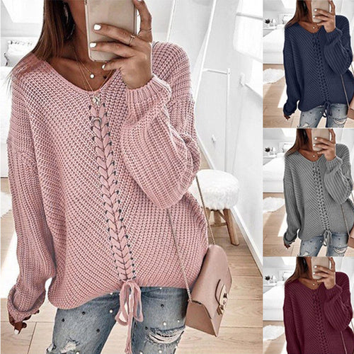 Chunky knit sweater for women with romantic lace-up details and a relaxed fit Amarae