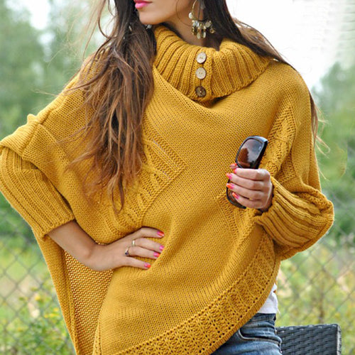 Women's knitted poncho with high collar and button details Amarae