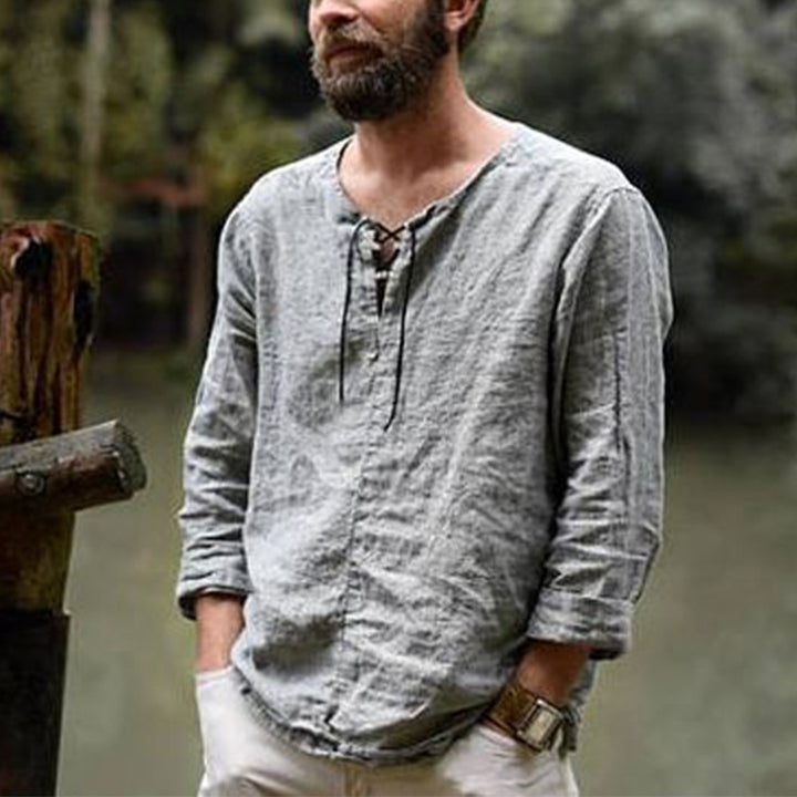Casual linen shirt for men with decorative lace-up closure Lune London