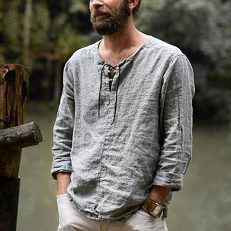 Men's Casual Linen Shirt with Decorative Lace-Up Closure Lune London