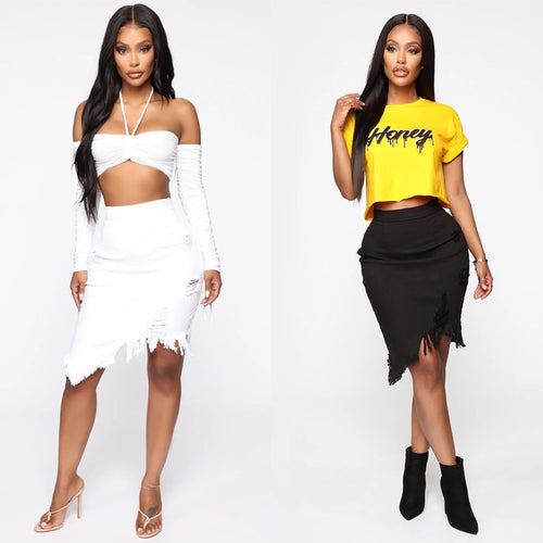 Amarae fashion denim skirt for women with trendy fringe details