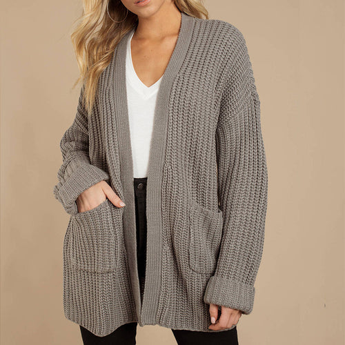 Womens chunky knit jacket with deep V-neck and relaxed fit Amarae