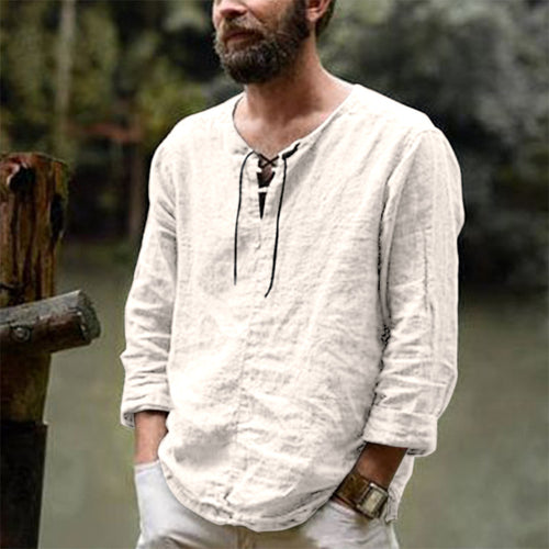 Casual linen shirt for men with decorative lace-up closure Amarae