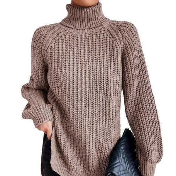 Women's knitted pullover, mid-length with high collar