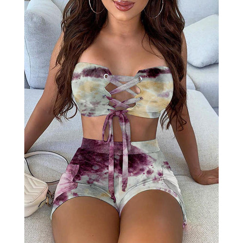 Women's Crop Top and Shorts Set with Lacing and Playful Design
