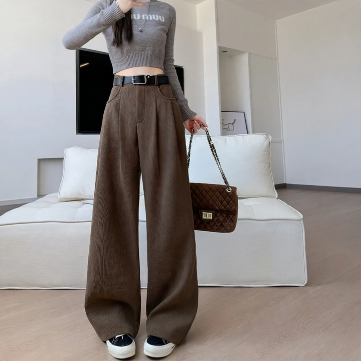Women's corduroy trousers, wide cut, high waisted