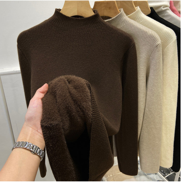 Ladies knitted sweater, lined, standing collar, warm