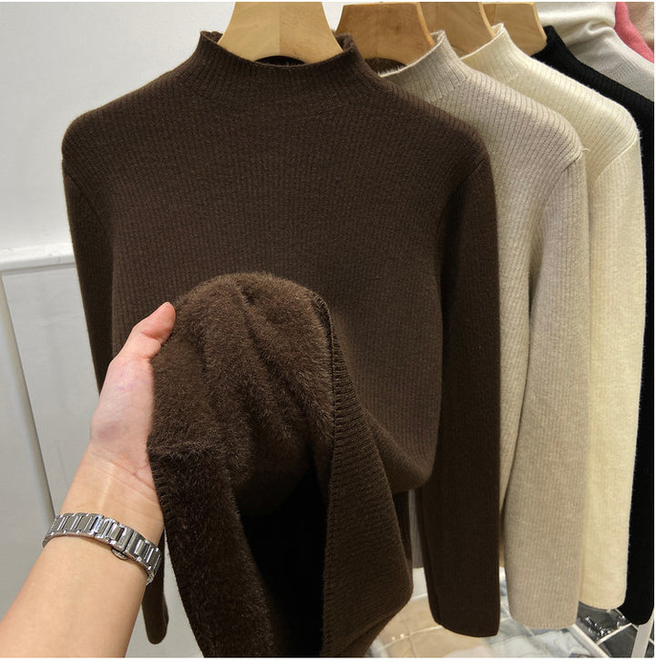Ladies knitted sweater, lined, standing collar, warm