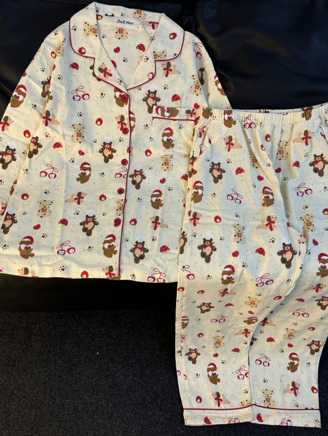 Cotton house suit, brushed, long, cartoon design