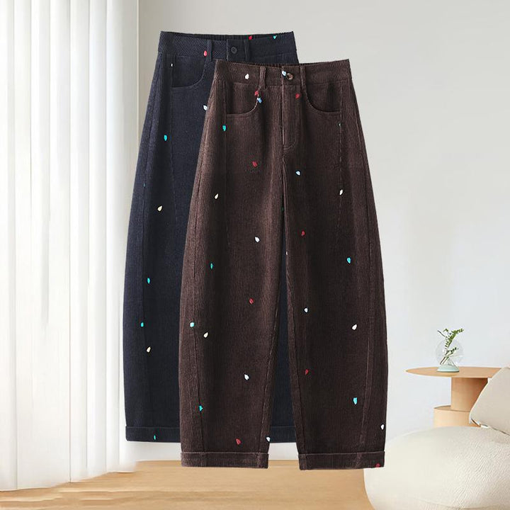 Women's corduroy pants, high-waisted, embroidered