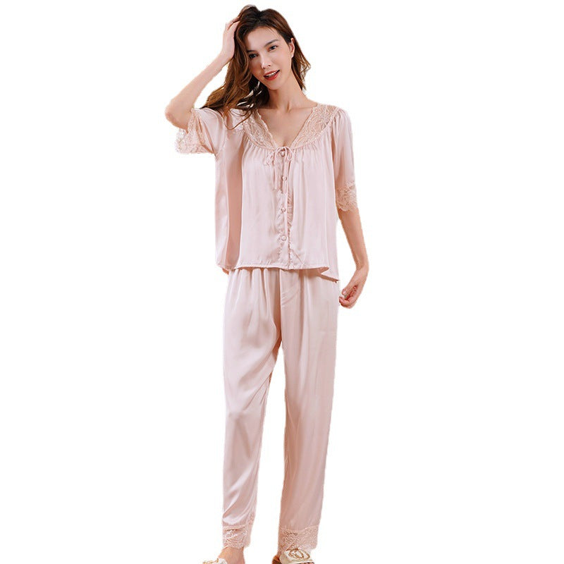 Women's pajama set with lace trim