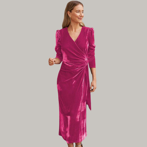 Amarae | Midi wrap dress in velvet with puff sleeves