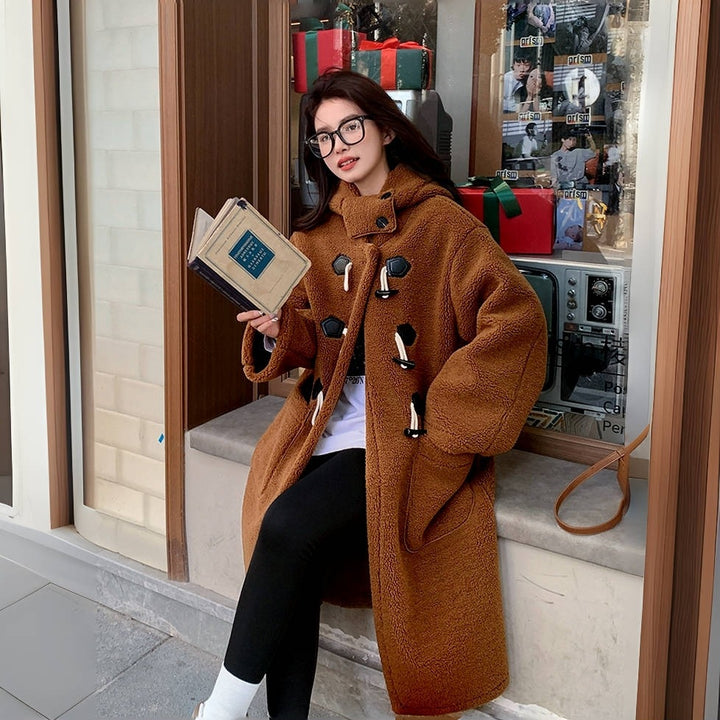 Faux fur coat with hood, knee-length