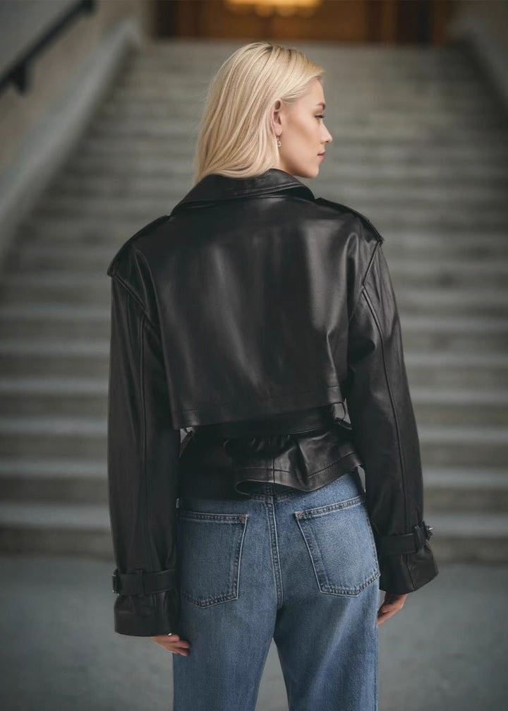 Amarae | Faux leather cropped belt trench coat