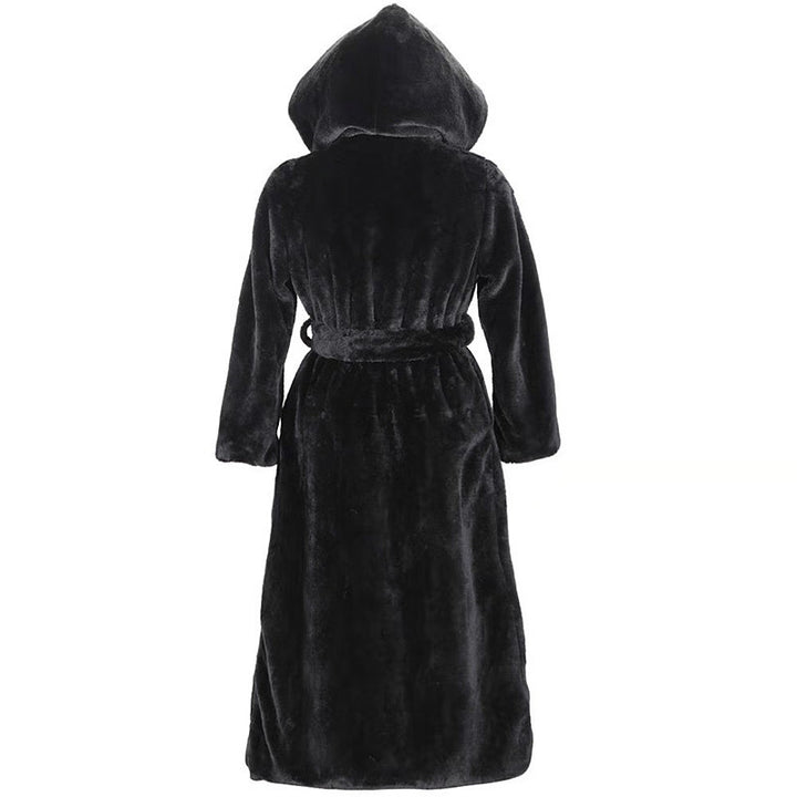Long women's faux fur coat with hood, lined