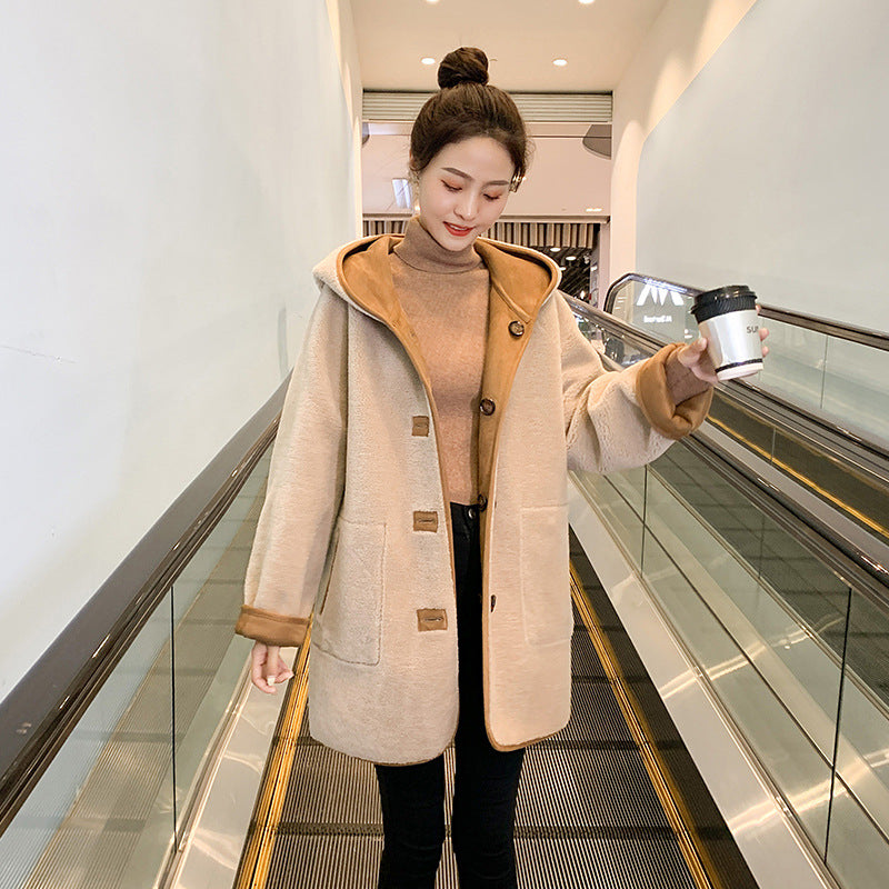 Reversible women's wool coat with hood