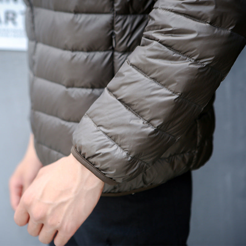 Light men’s down jacket, stand-up collar, slim fit