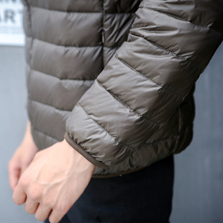 Light men’s down jacket, stand-up collar, slim fit