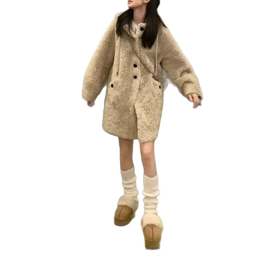 Lamb fleece coat with hood, lined, mid-length