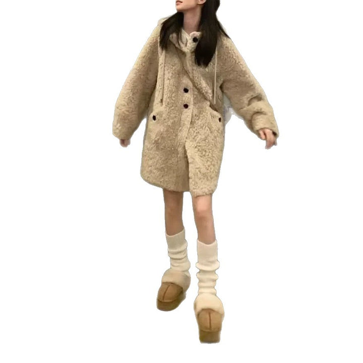 Lamb fleece coat with hood, lined, mid-length