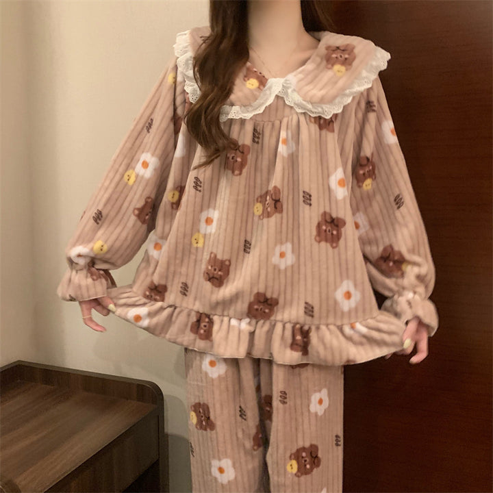 Warmer coral fleece pajamas, long-sleeved, printed