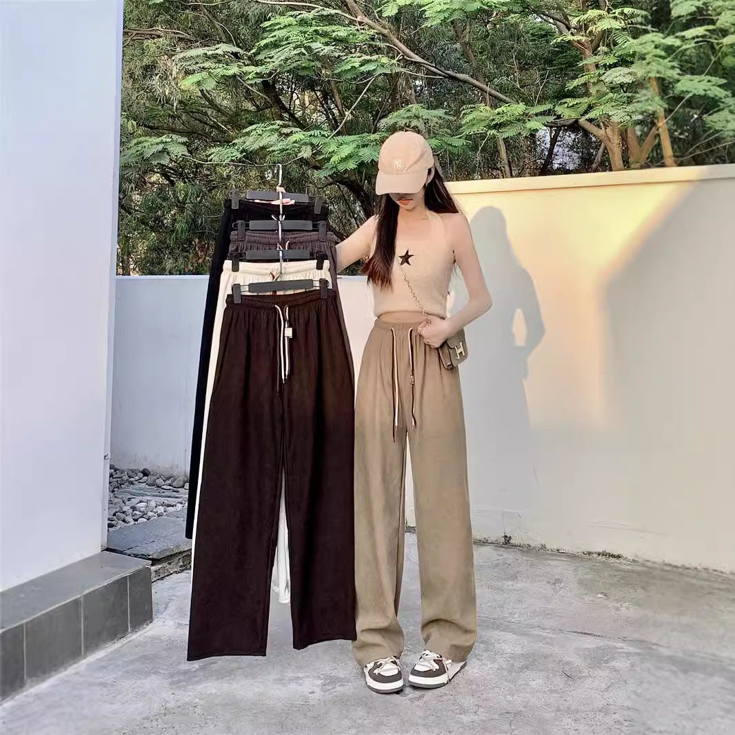 Cord-wide pants for women, high waist with drawstring