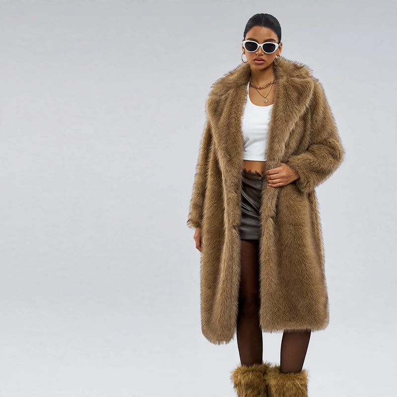 Long women's faux fur coat with lapel collar