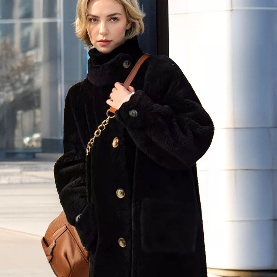 Women's coat made of faux lamb fur, mid-length, casual
