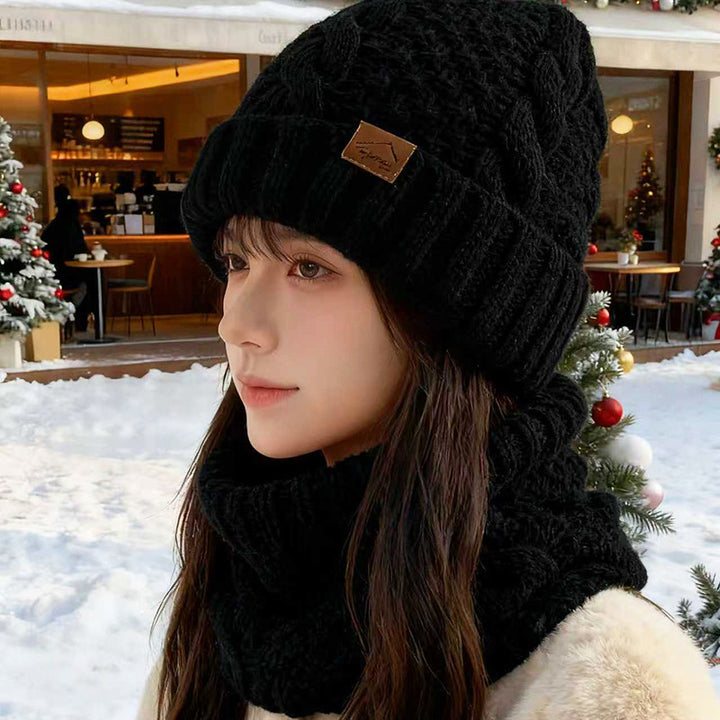 Knitted hat with scarf set, lined, with ear protection