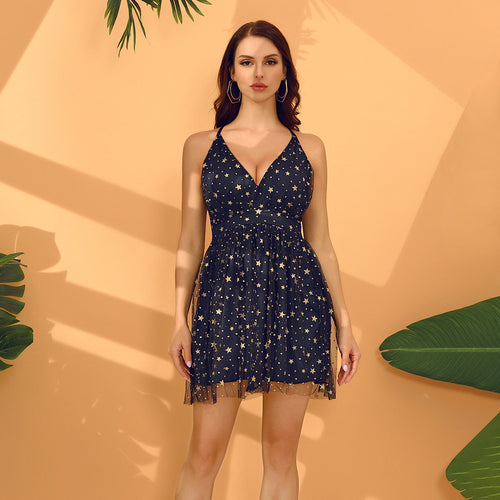 Women's summer dress with deep V-neck and delicate star pattern