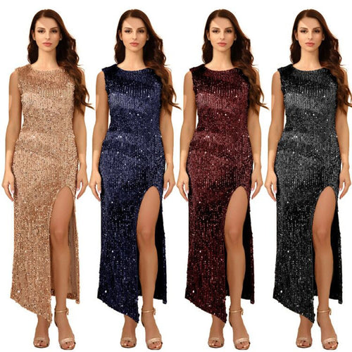 Women's Sparkling Evening Dress with High Slit and Sequin Trim