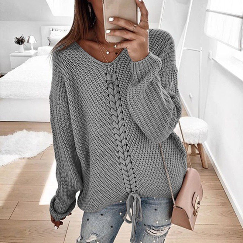 Chunky knit sweater for women with romantic lace-up details and a relaxed fit Lune London