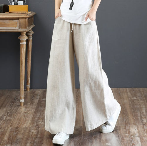Wide linen trousers for women with elastic waistband Amarae