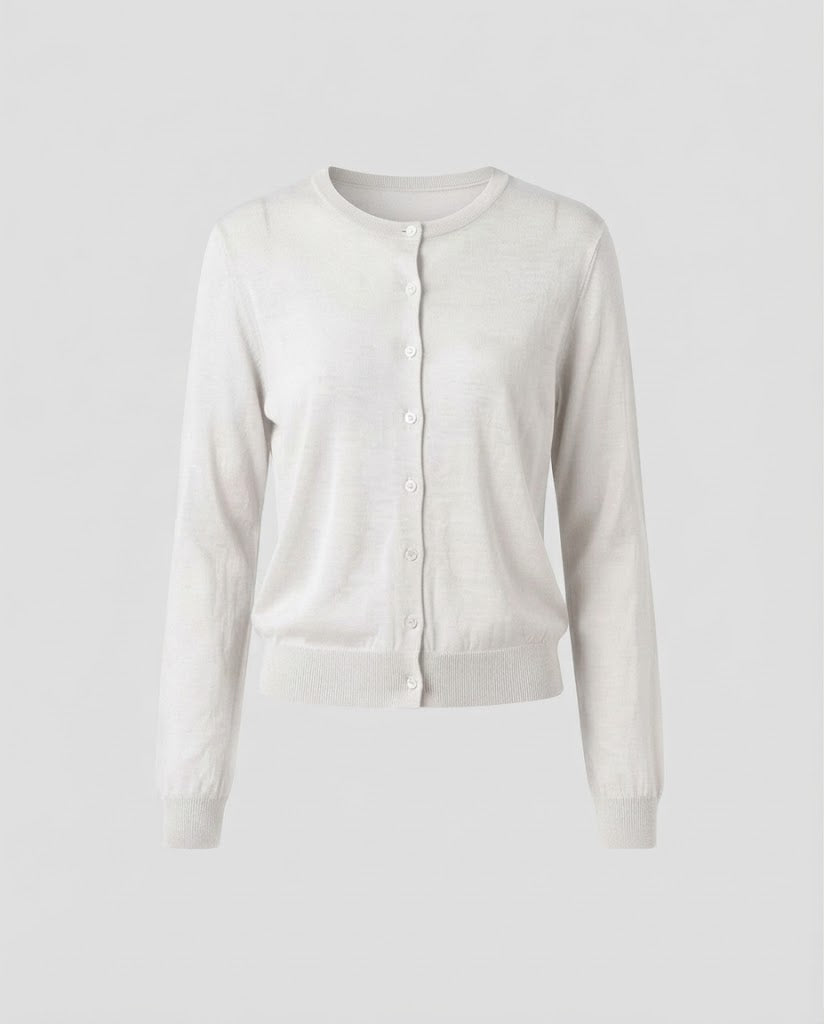 Women Lightweight Fine Knit Cardigan with Fine Button Placket and Round Neckline Amarae