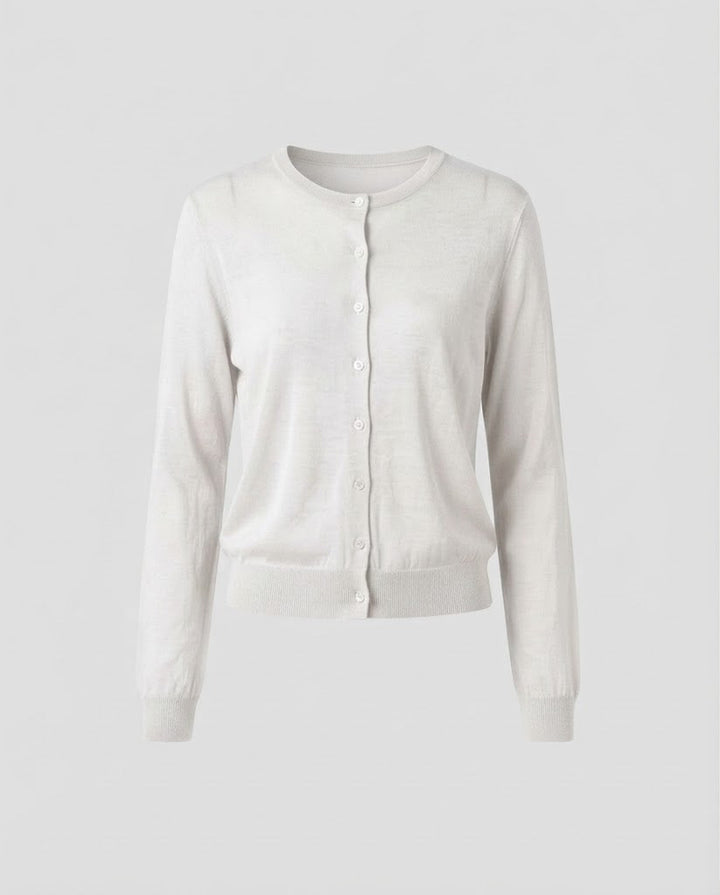 Women Lightweight Fine Knit Cardigan with Fine Button Placket and Round Neckline Amarae