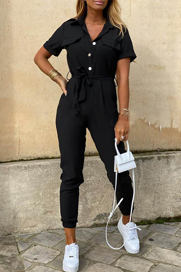 Lune London | Casual Daily Solid Frenulum with Belt Lapel Regular Jumpsuits