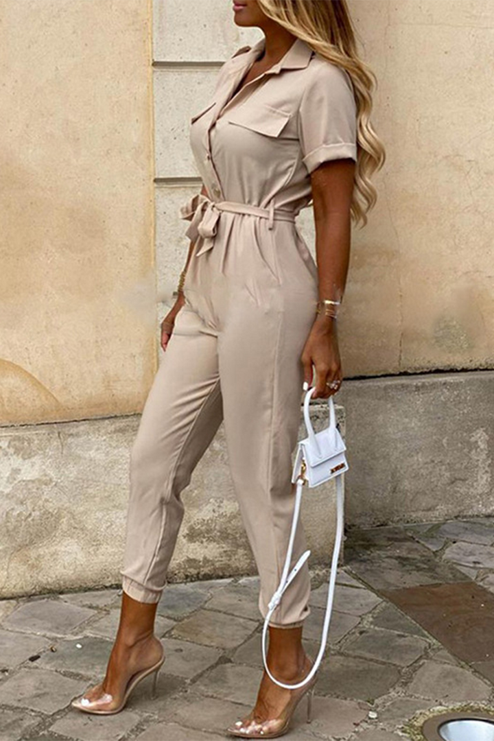Lune London | Casual Daily Solid Frenulum with Belt Lapel Regular Jumpsuits