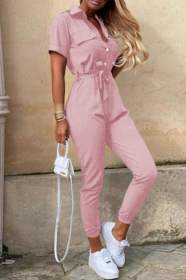 Lune London | Casual Daily Solid Frenulum with Belt Lapel Regular Jumpsuits