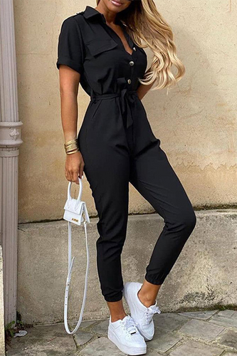 Amarae | Casual Daily Solid Frenulum with Belt Lapel Regular Jumpsuits