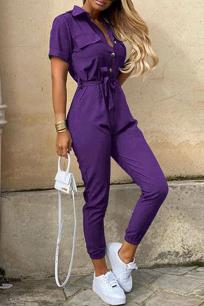 Lune London | Casual Daily Solid Frenulum with Belt Lapel Regular Jumpsuits