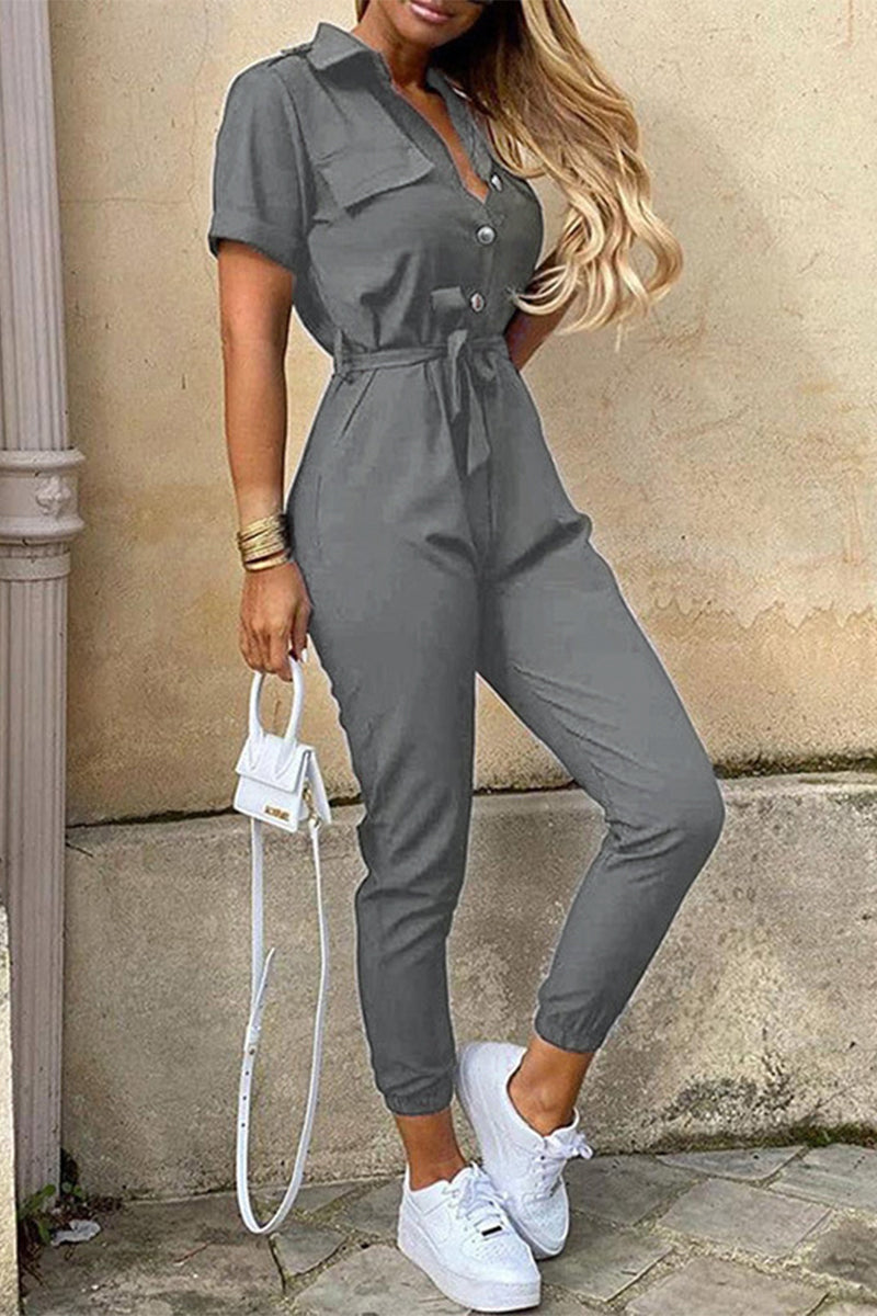 Lune London | Casual Daily Solid Frenulum with Belt Lapel Regular Jumpsuits