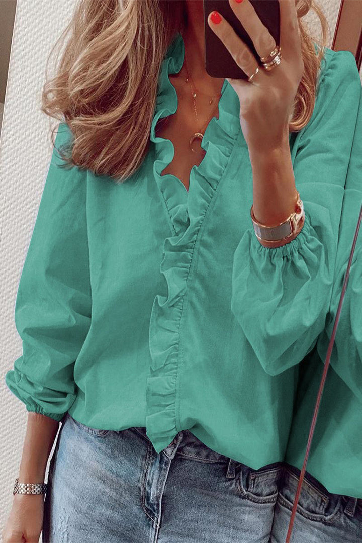 Amarae | Long sleeve V neck blouse with ruffles