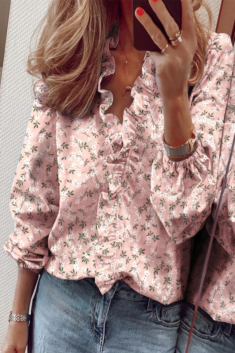 Amarae | Long sleeve V neck blouse with ruffles