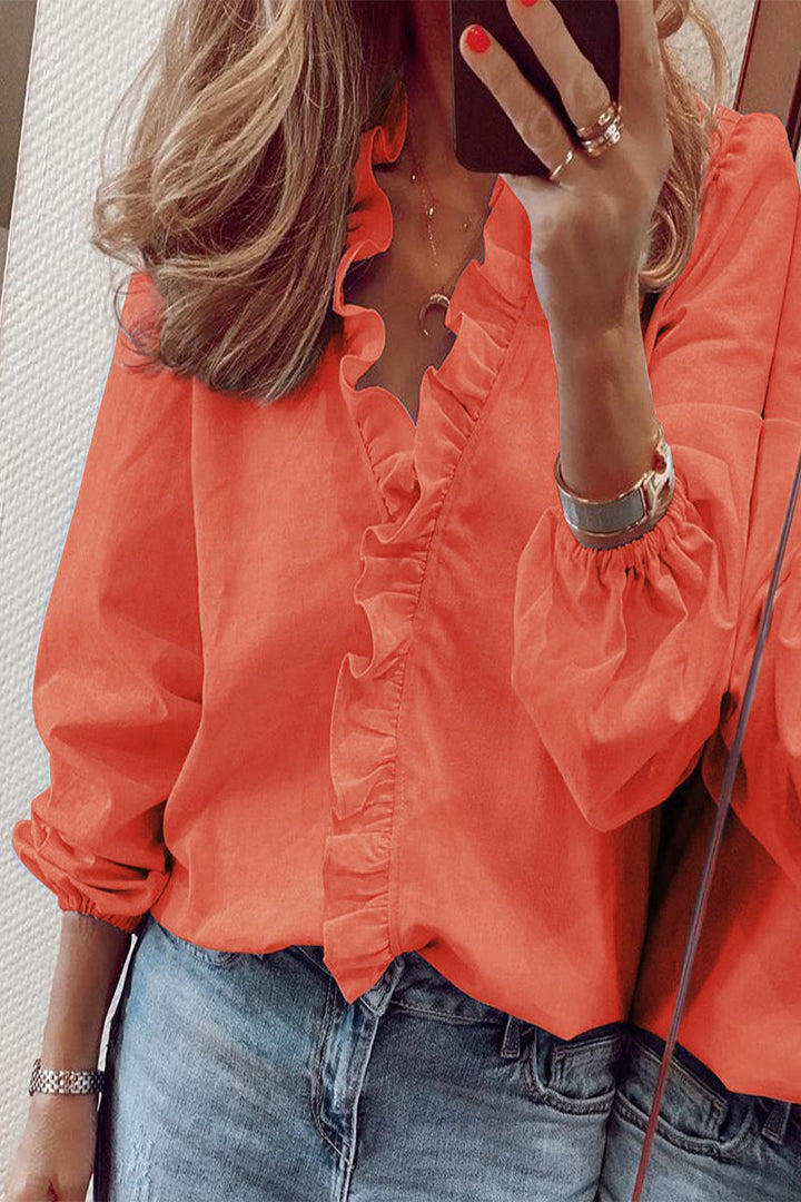 Amarae | Long sleeve V neck blouse with ruffles
