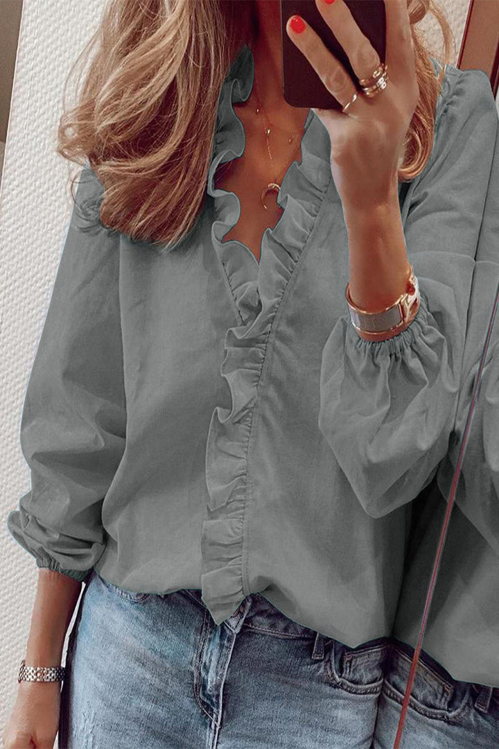 Amarae | Long sleeve V neck blouse with ruffles
