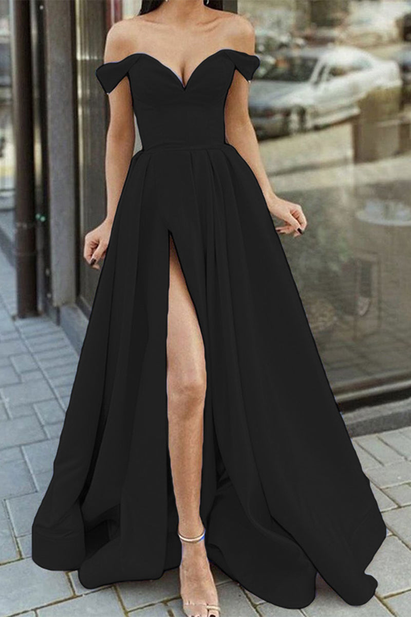 Lune London | Elegant Formal Solid Color Split V-Neck Evening Dress Dresses - 12 Colors