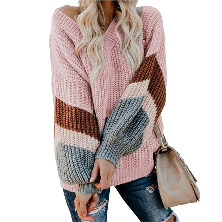 Chunky knit round neck sweater for women with a modern color block design Amarae