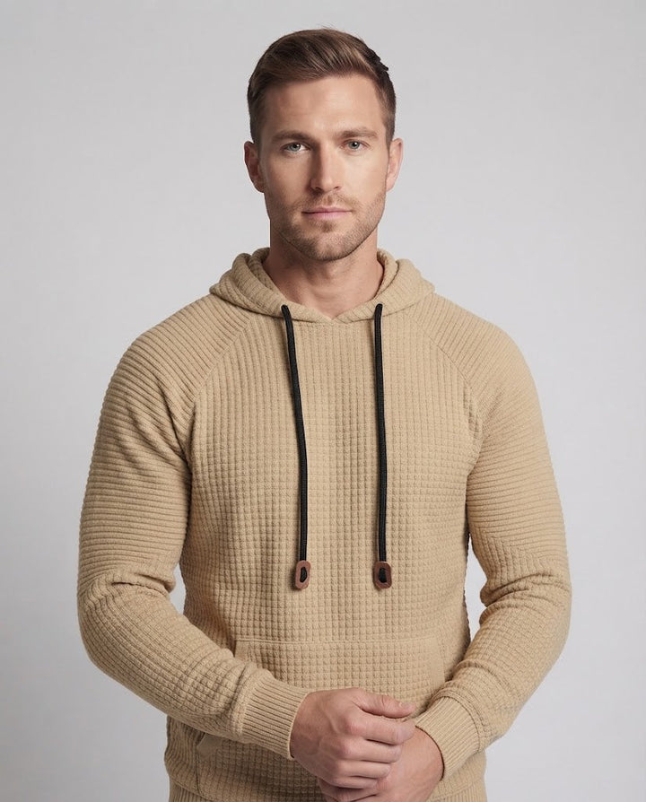 Men's waffle knit hoodie with kangaroo pocket and contrast drawstrings Amarae