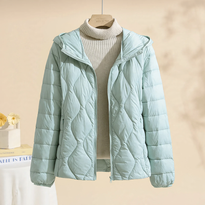 Lightweight, thin down jacket with hood for women